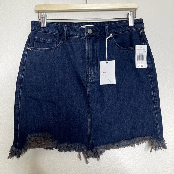 Good American Denim Skirt Sz 6/28 Mini Blue Frayed Hem Miniskirt 100% Cotton NEW - Picture 1 of 14